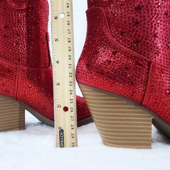 Dolly Red Rhinestone Glitter Disco Cowgirl Country Western Ankle Boots - Picture 6 of 11